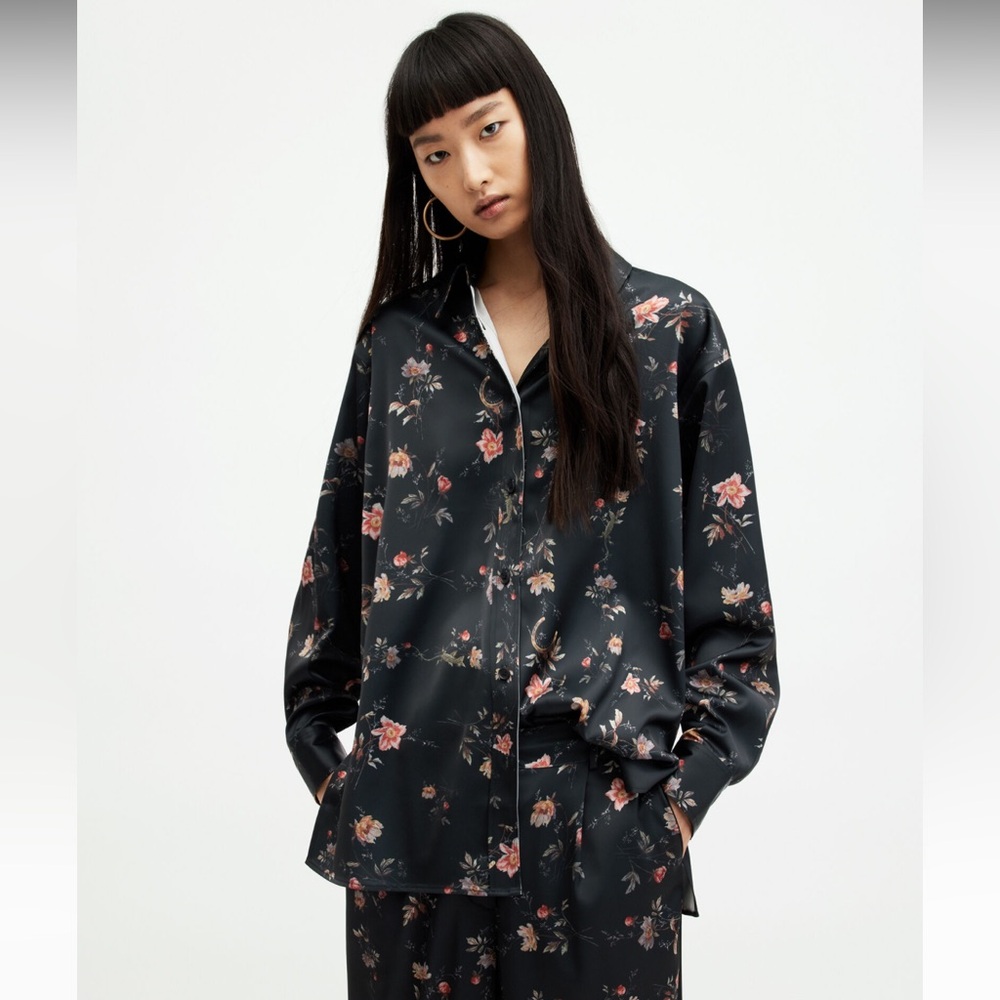 AllSaints Louisa Tanna Floral Print Relaxed Shirt US 4